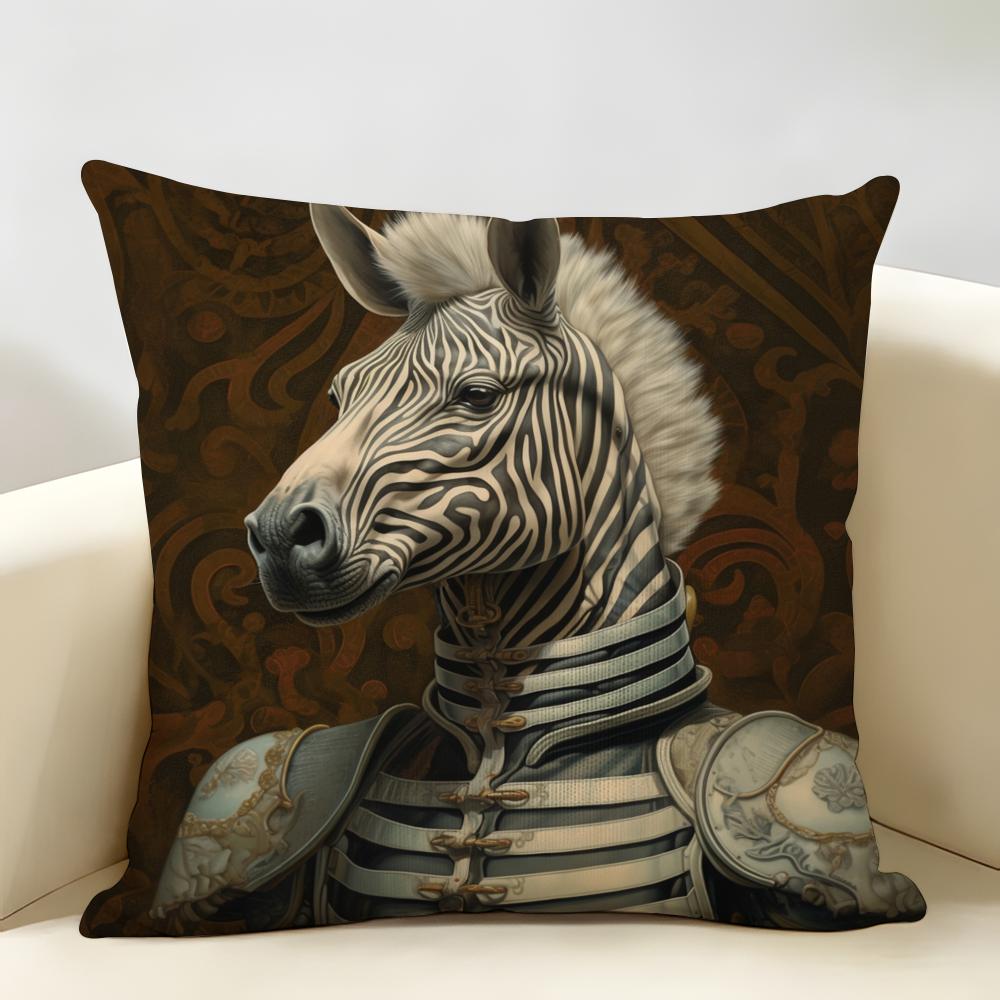 Zebra Dressed Up Portrait Cushion Cover Durable Hypoallergenic Organic Linen Short Pillow Cover Washable