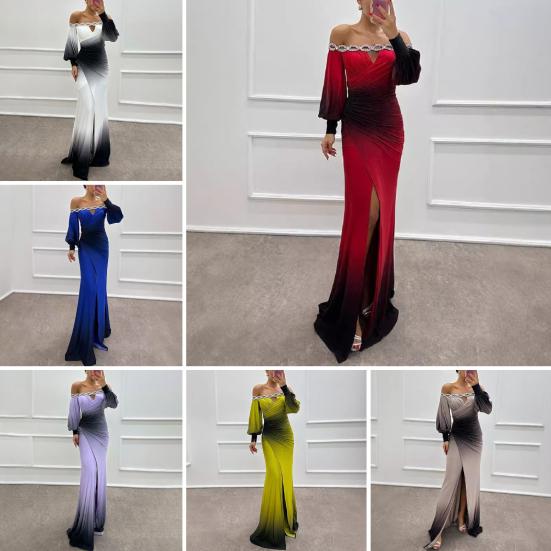 Женское вечернее платье с открытыми плечами, ажурное свадебное платье со стразами, обтягивающее плиссированное выпускное платье макси с длинными рукавами-фонариками и разрезом по низу, бальное платье