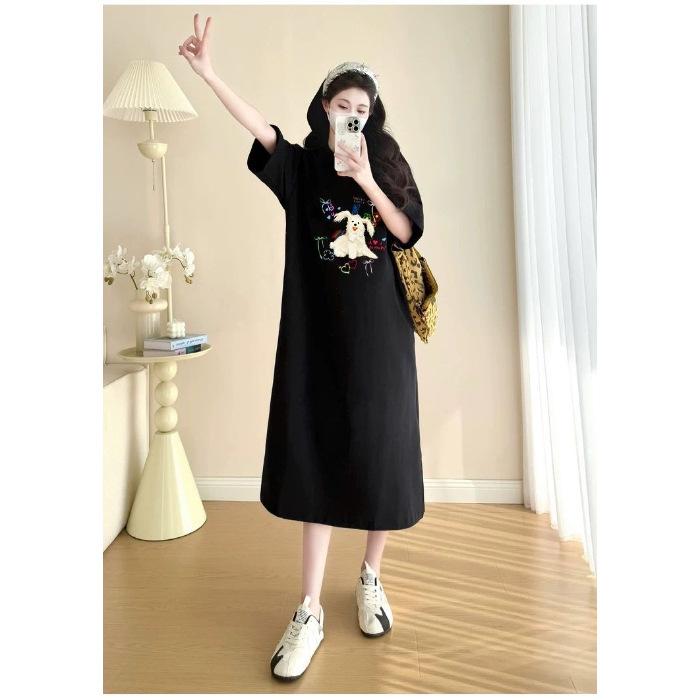 Непринужденное длинное платье-футболка для женщин на лето, корейский стиль, свободное и стройнящее, с коротким рукавом, свободное повседневное платье с мультяшным принтом