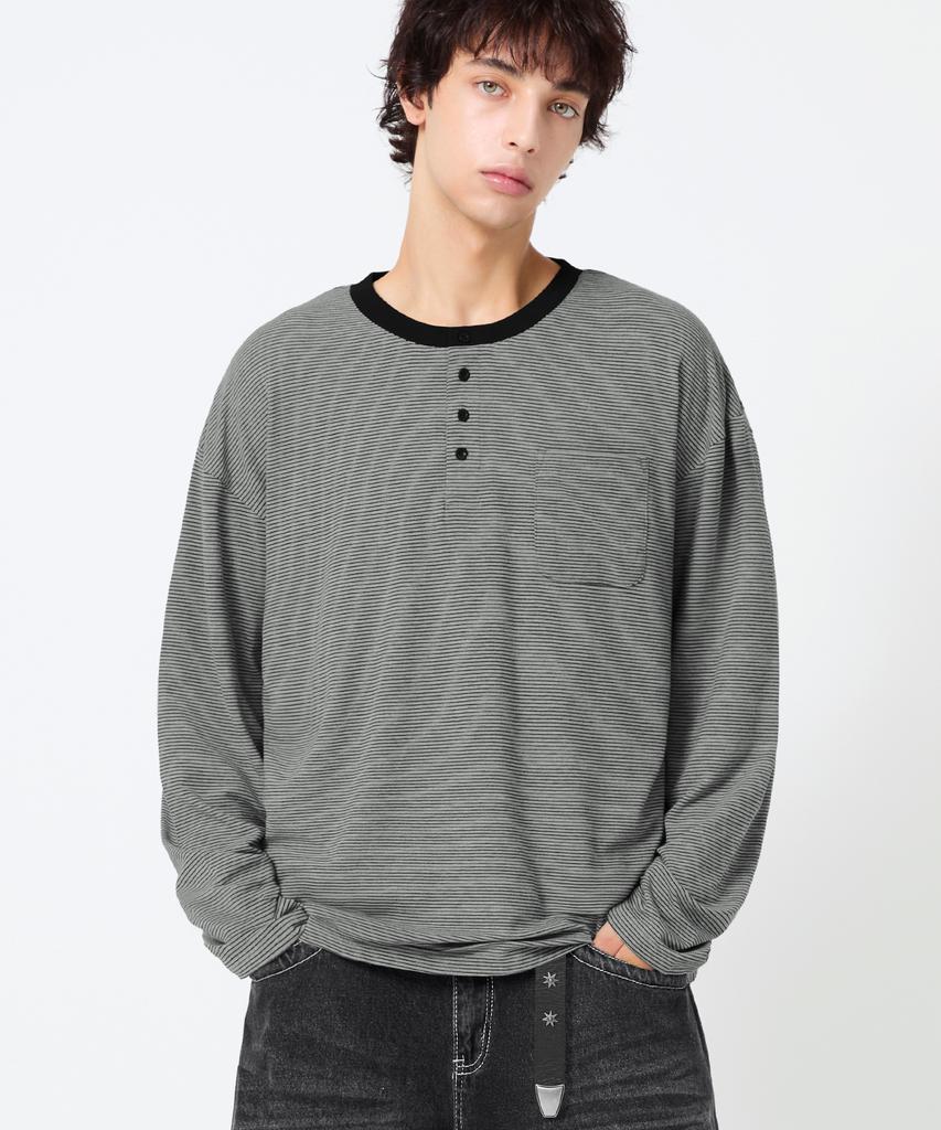 TRILLION Thin Stripe Pocket Henley Neck Long Sleeve_4Color