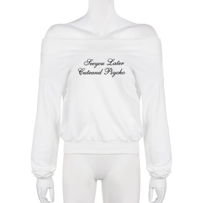 Ретро-маленькие буквы напечатаны на одно плечо сексуальный длинный рукав топ для женщин свободные универсальные ленивые стиль толстовки с капюшоном футболки женские