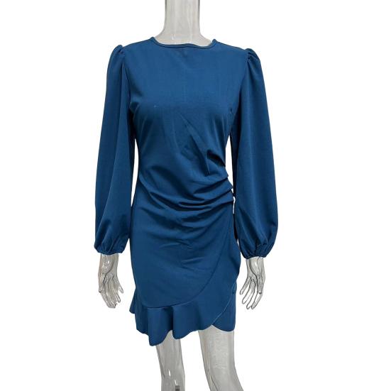 Женское облегающее мини-платье с рукавами-фонариками, неровным подолом, неровной оборкой, круглым вырезом, плиссированное, для офиса, выпускного вечера