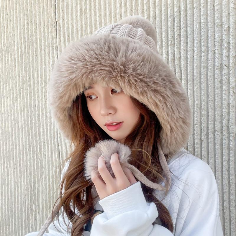 Cashmere Knitted Hat Thick Ear Protection Woolen Hat Big Wool Collar Warm Hat