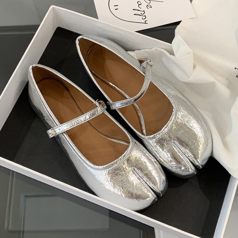 Fashion SUOJIALUN 2025 Autumn Women Flat Shoes Fashion Split Toe Slip On Mary Jane Ballet Shoes Soft Flat Heel Outdoor Casual Single Sh