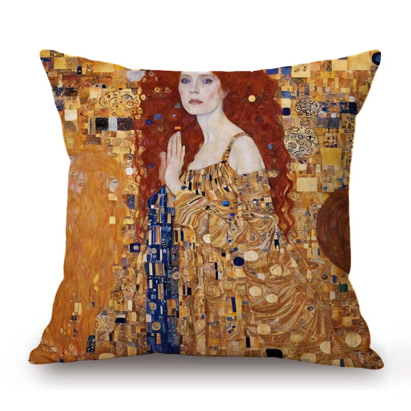 Gold Yellow Klimt Style Elegant Lady Girl Nouveau Art Home Decoration Sofa Throw Pillow Case Cotton Linen Bench Cushion Cover