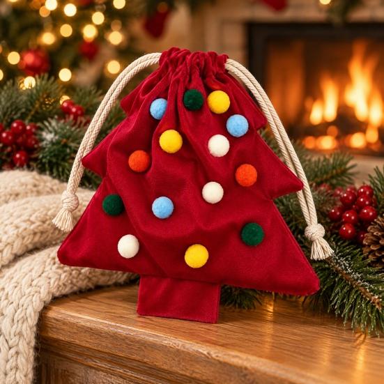 Christmas Tree Hanging Ornaments Drawstring Gift Bag, Plush Pom Bell Small Trinket Bags with Ornament, Reusable Candy Pouch Decor for Holiday