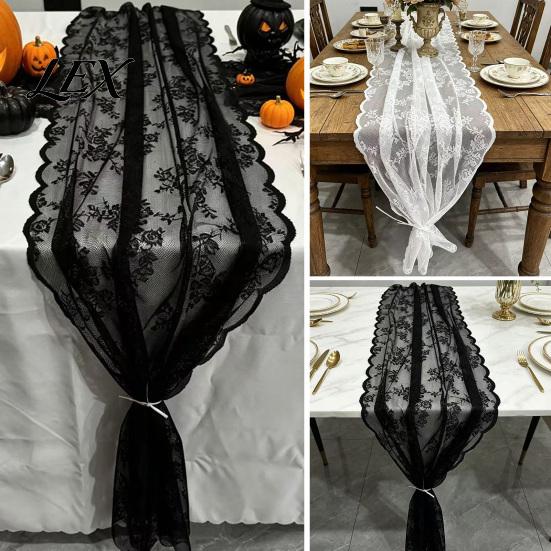 Black Lace Table Runner French Runner, & White Vintage for Coffee Cover Table, Shoe Cabinet, Dining Long Rectangular Decorative Tablecloth Home Retro