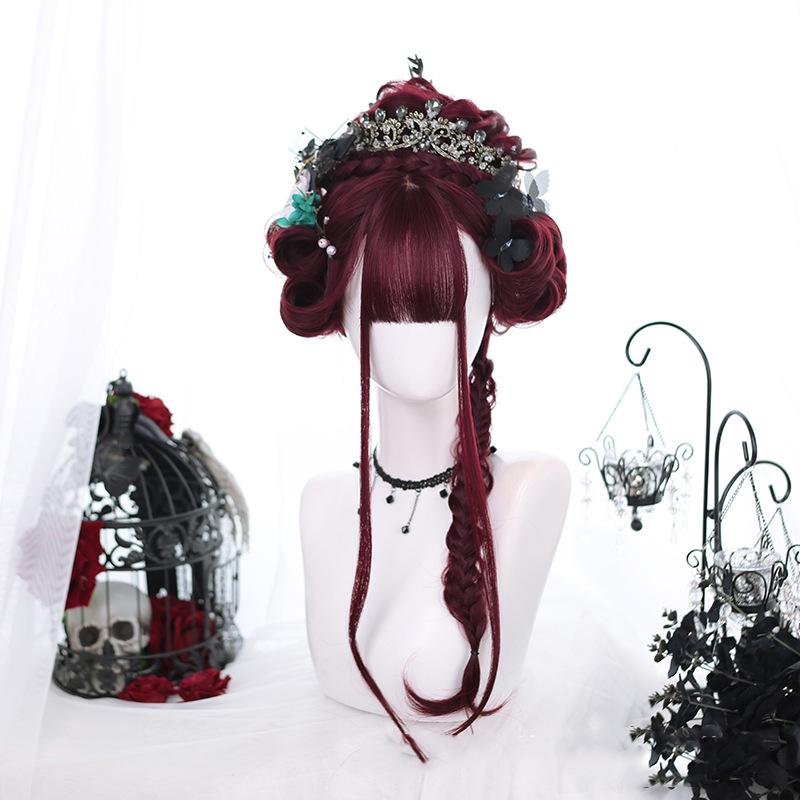 Bybrana Женские длинные волосы бордового цвета с волнистой челкой, парик Лолита, синтетические волосы для косплея, высокая термостойкость