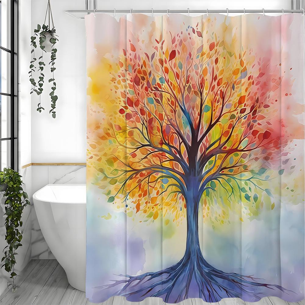 Colorful Tree Abstract Art Oil Painting Shower Curtain, Cute Natural Art Bathroom Decorative Shower Curtain, Waterproof Shower C
