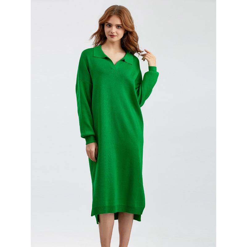 Autumn and Winter Women's Sweater Dress Polo Neck Bottom Knitting Long Dress Loose Plus Size Solid Colour Dresses