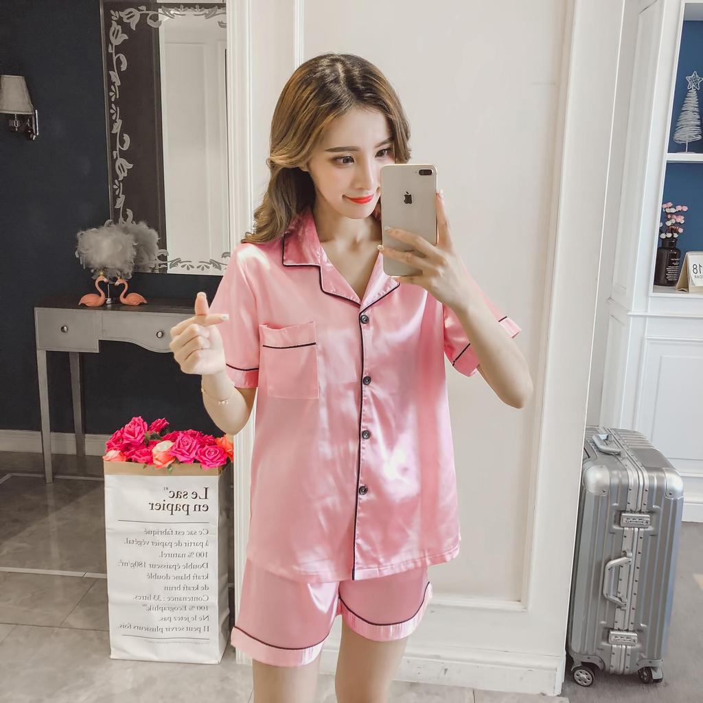 Женский шелковый атласный пижамный комплект, повседневная одежда для сна с короткими рукавами и пуговицами, топ, шорты, костюм для дома