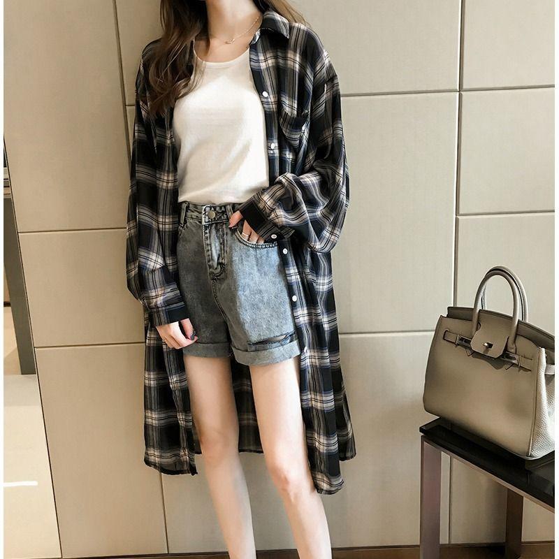 Summer Coat Loose Top Plus Plaid Mid Length Long Sleeved Cardigan Thin Cut Sun Protection Shirt Shirt