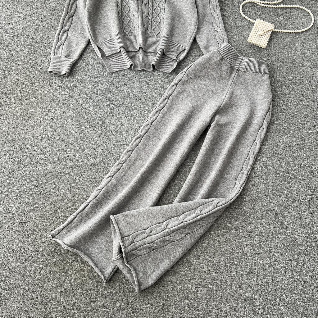 Осенне-зимний женский вязаный свитер, спортивный костюм, модный пуловер с капюшоном, топы и широкие брюки, комплект из двух предметов