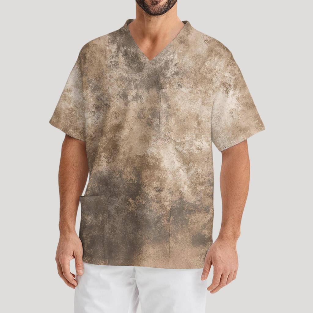 Мужская рабочая блузка с короткими рукавами и v-образным вырезом с принтом, топ с нагрудным карманом