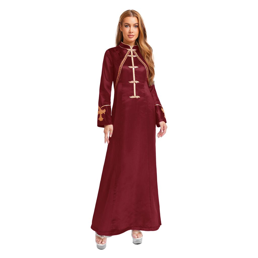 Womens Clergy Long Robe Dress Gold Cross Embroidery Lace Button Decor Stand Collar Long Sleeve Cassock
