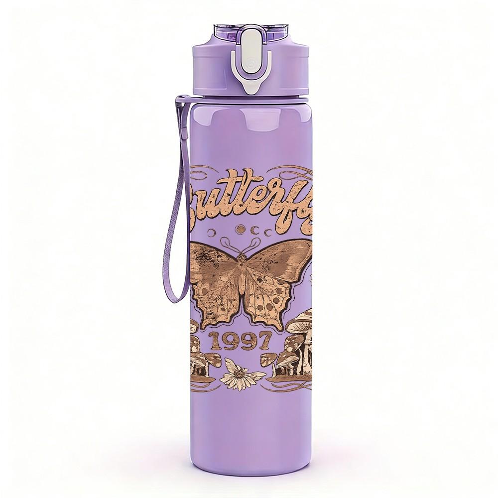 1PC Butterfly Vintage Ornate Frame Print 750ml Color Plastic Sports Water Bottle Leakproof Flip Straw Lid Suitable for Sports Office Home Use