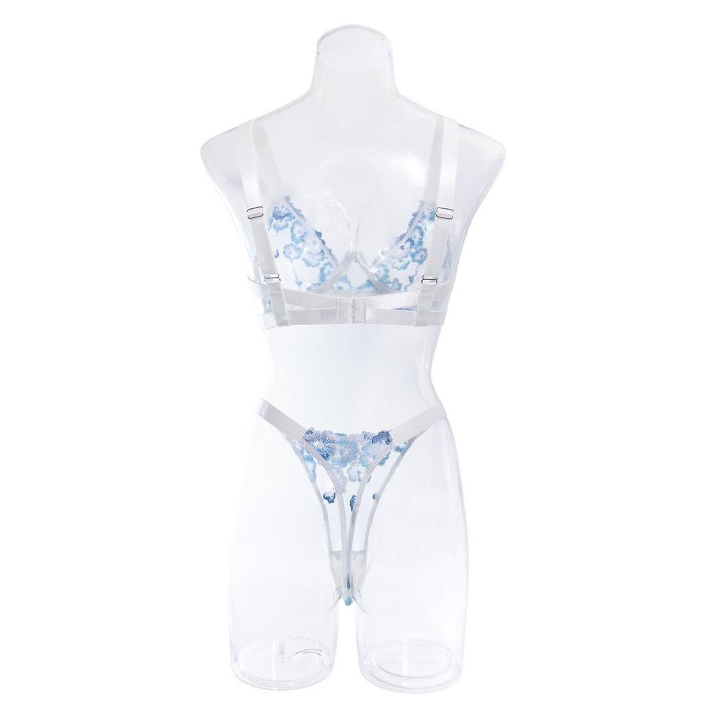 Blue Embroidered Low Cut Underwire Bra & Lingerie Set