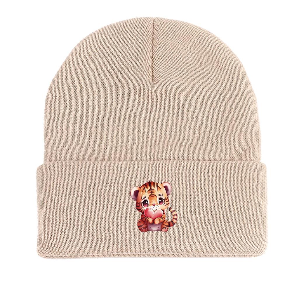 Cute Tiger Heart Warm Knitted Cap Beanie, Animal Woman Cap Lightweight Slouchy Casual Bonnet Knit Hat Beanie