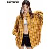 Shiyiyue Ретро Желтая Клетчатая Рубашка Женская Осенняя Свободная Топы с Необработанным Краем Лацкан Американская Верхняя Одежда BM Стиль Рубашка