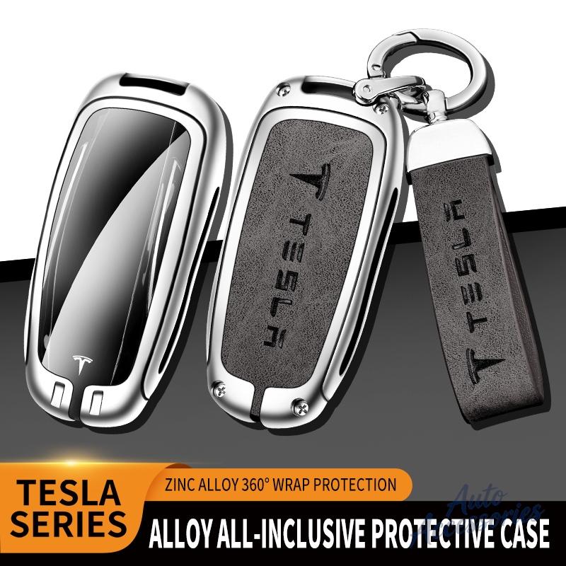 ALN1 Alloy Car Smart Remote Key Case Cover Protection Shell Keyring For Tesla Model 3 Model Y Model S X Leather Keychain Accessories