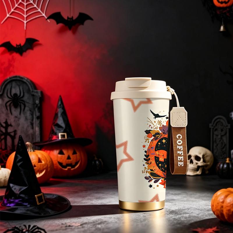 532ml Coffee Cup Halloween Vintage Flower Pumpkin Star MotifCar Portable Cup Metal Travel Cup Holiday Creative Cup