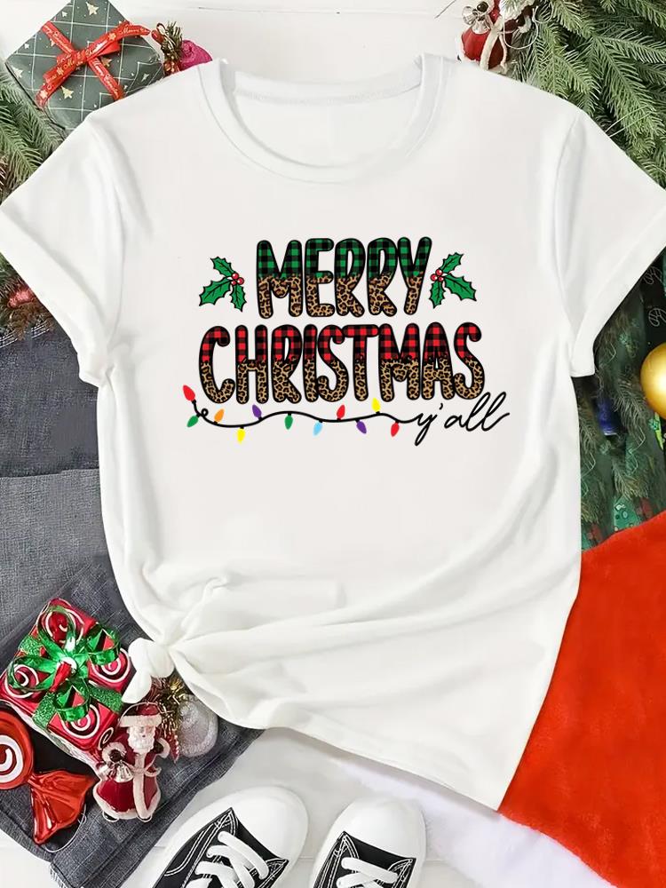 (Asian Size) Print Merry Christmas O-neck Women's Top New Year T Clothing Lovely Cute 90s Short Sleeve T-shirts Fashion Holiday Graphic Tee