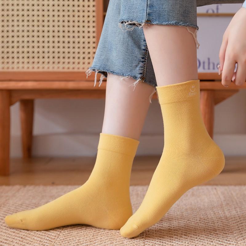 LangSha Embroidered High-Quality Pure Cotton Women's Socks, All-Cotton Mid-Calf Forest-Style Ins Solid Color Trendy Socks, 5 Colors 5 Pairs Set