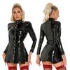 Women Steampunk Style Latex Club Party Dress Leather Moto&Biker Clubwear Stand Collar Button Up High Split Mini Bodycon Jacket