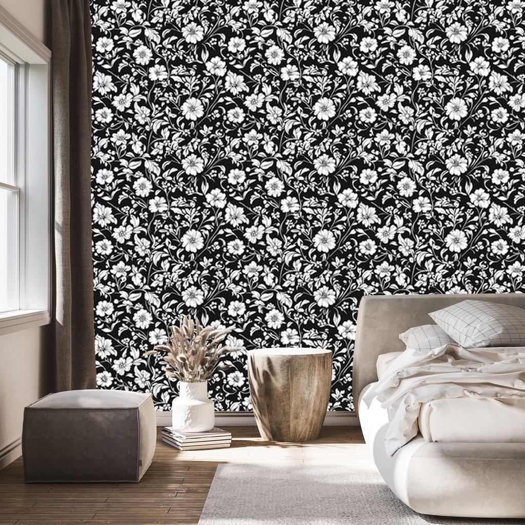 Wallpaper Black and white flowers, gray background, graphite center, 50x1000