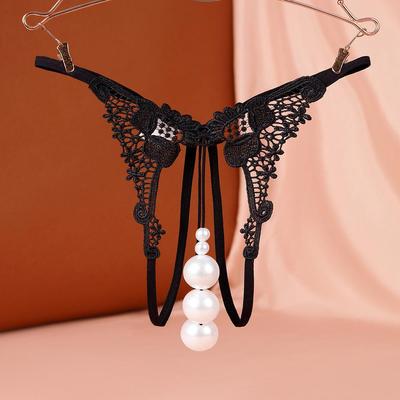 Кружевные стринги с бусинами из жемчуга с открытой ластовицей - Сексуальные прозрачные трусики с низкой посадкой для женщин больших размеров