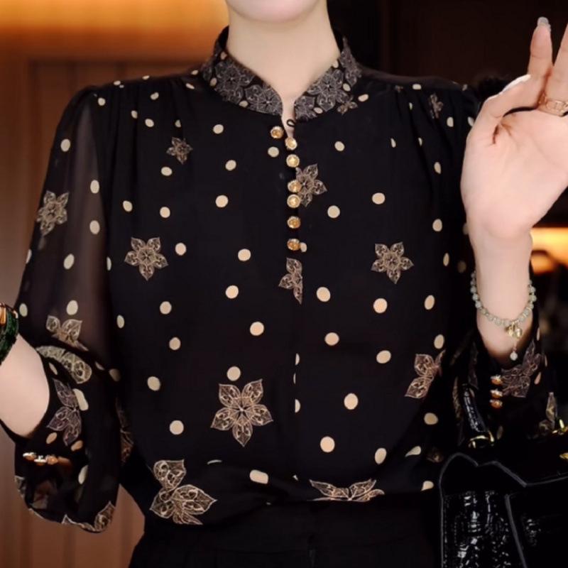 Женская мода блузка с принтом в горошек для офиса, винтажная элегантная рубашка на пуговицах с воротником-стойкой и длинным рукавом, свободные топы