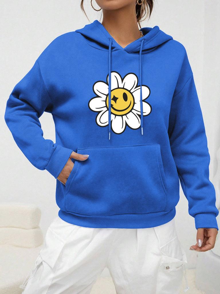 Smiling Face Flower Printed Streetwear Women Creativity Warm Hoodie Autumn Fleece Pullover Comfortable Pocket Female Clothes