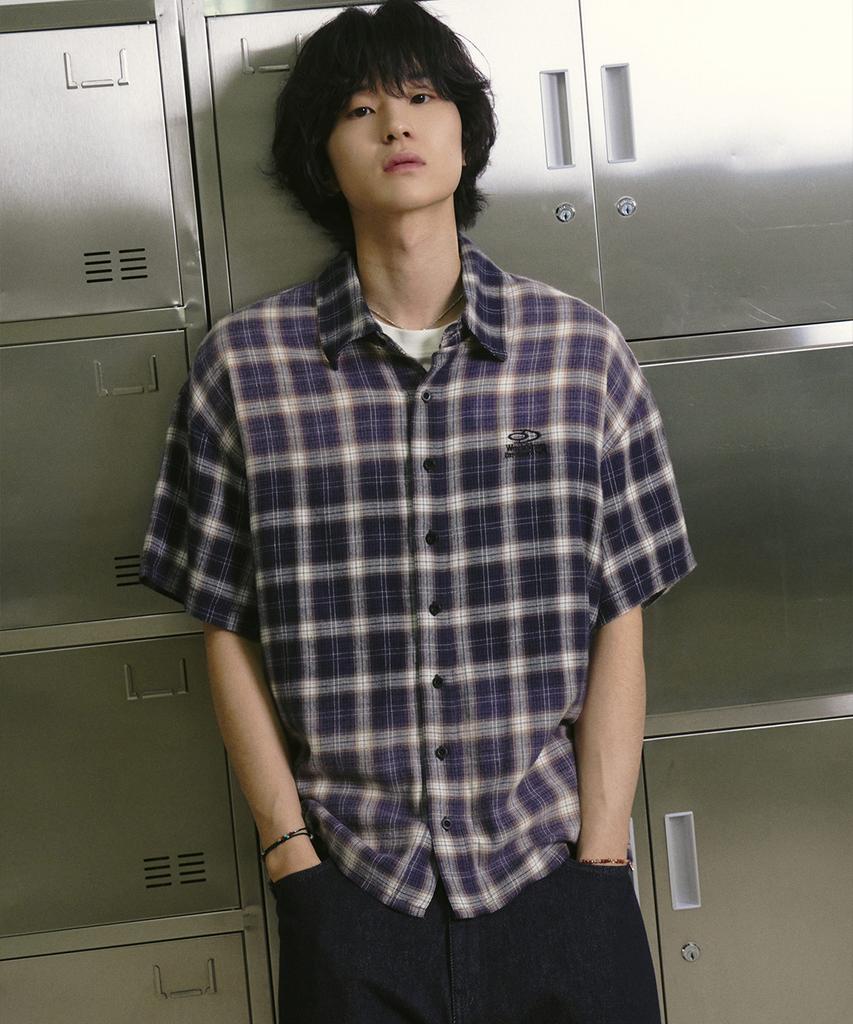TRAVEL Spray Check Short Sleeve Shirt Navy