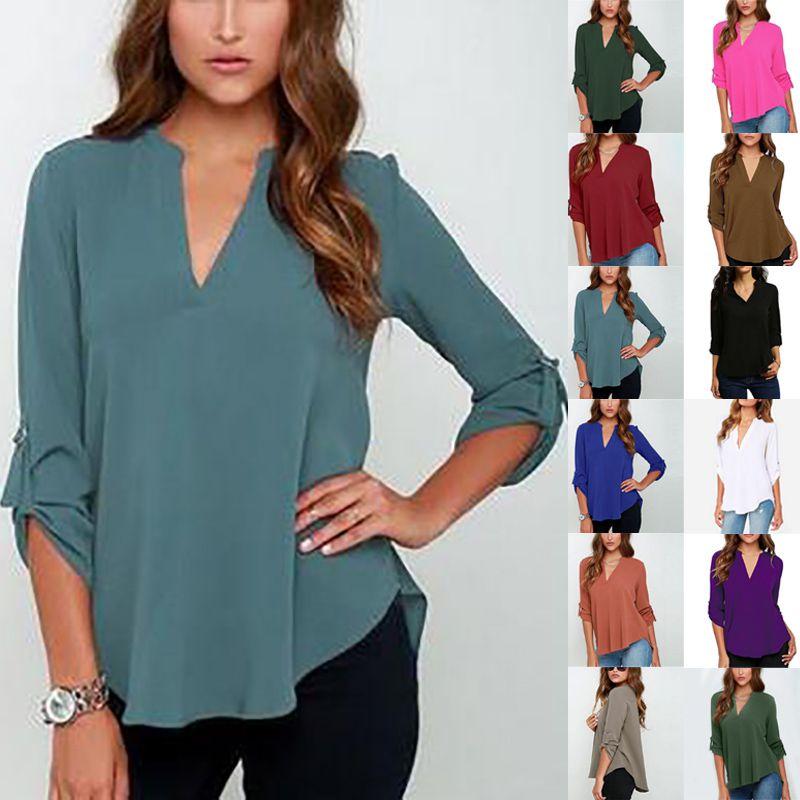 Стильная женская повседневная футболка с длинным рукавом и V-образным вырезом, пуловер, туника, блузка, варианты
