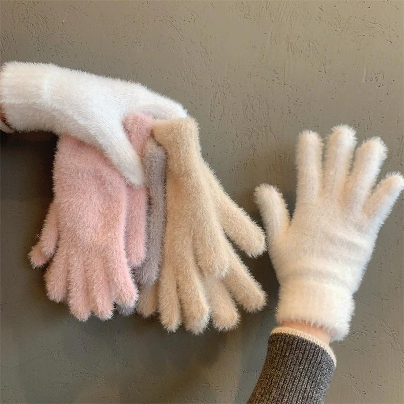 Fashion Winter Mink Velvet Five Finger Gloves Plush Warm Cold-proof Gloves Women Outdoors Cycling Solid Color Wistiti Mittens