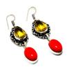 Italian Red Coral Citrine Gemstone 925 Silver Plated Jewelry Earring 2.27"