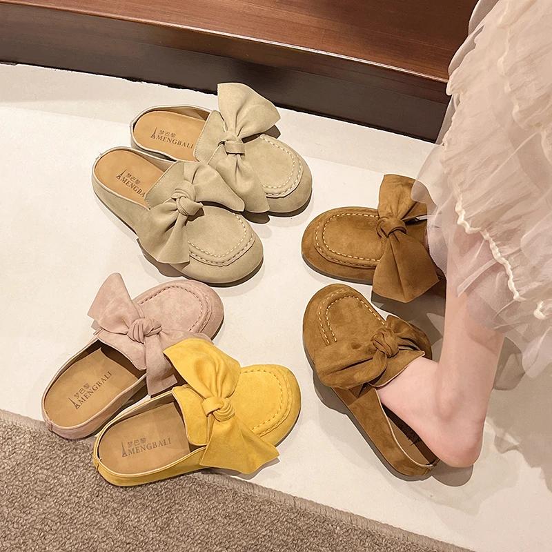 Retro Women's Slippers Bow Flat Sole Round Toe Cow Suede Women's Mules Dress Leisure Comfortable Inner Roman Zapatillas De Mujer