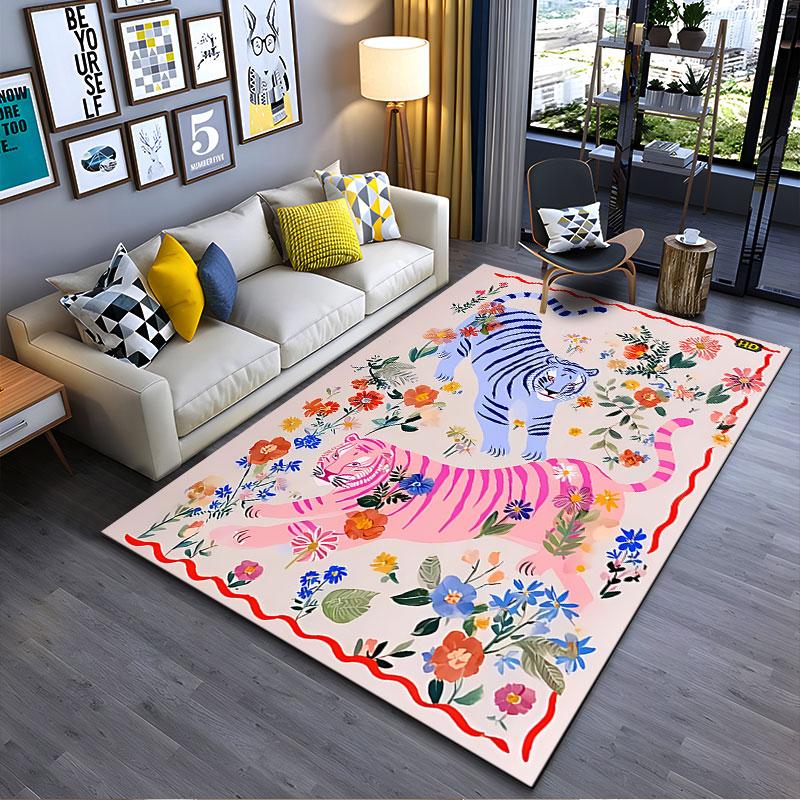 Colorful Tigers and Floral Design suitable as a non-slip mat for the living room or bedroom sofa