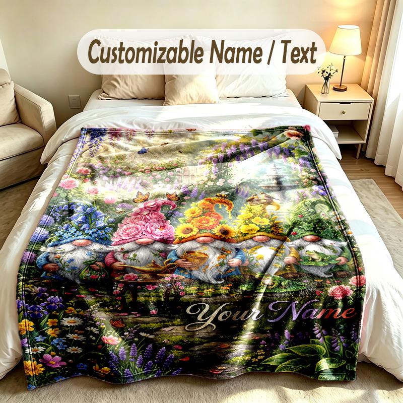 Gnome Theme Custom Blanket Personalized Name & Text Customized Soft Warm Throw Blanket Home Decor