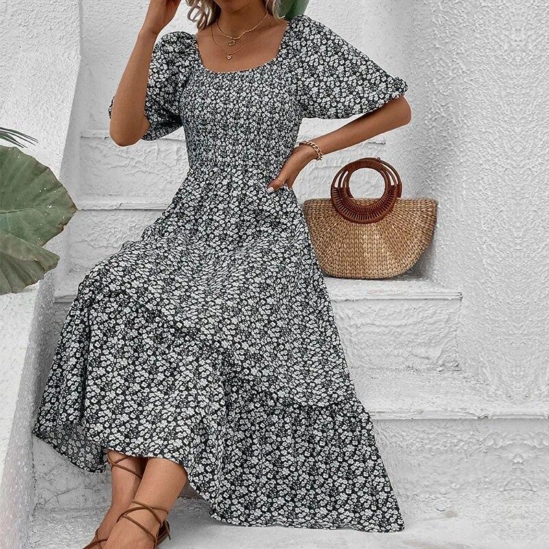 Qybian Women's Floral Backless V-Neck Midi Dress Short Sleeve Boho Summer Beach Long Dress High Low Hem Dress Women Sexy Wear