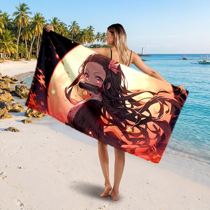 Nezuko Kamado Printed Swim Towel, Portable Water Absorbent Towel for Beach Camping Daily Bathroom Use