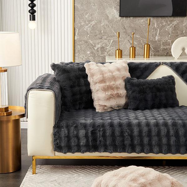 Rabbit Plush Sofa Cushion Winter Padded Plush Cushion Non-slip Leather Sofa Cover Cover Cloth Towel