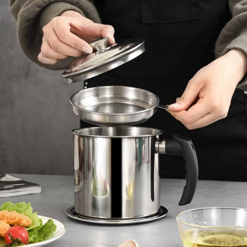 1.4l Stainless Steel Oil Strainer Pot With Lid Fine Mesh Fast Filtering Container Reusable Bacon Fat Oil Storage Can Multifunctional Kitchen Cooking O