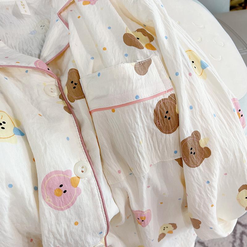 Милый милый горошек с принтом собаки и кошки, комплект из 2 предметов для женщин, пижамный комплект с пуговицами и лацканами, дизайн шеи, женская одежда для сна, домашняя одежда с героями мультфильмов