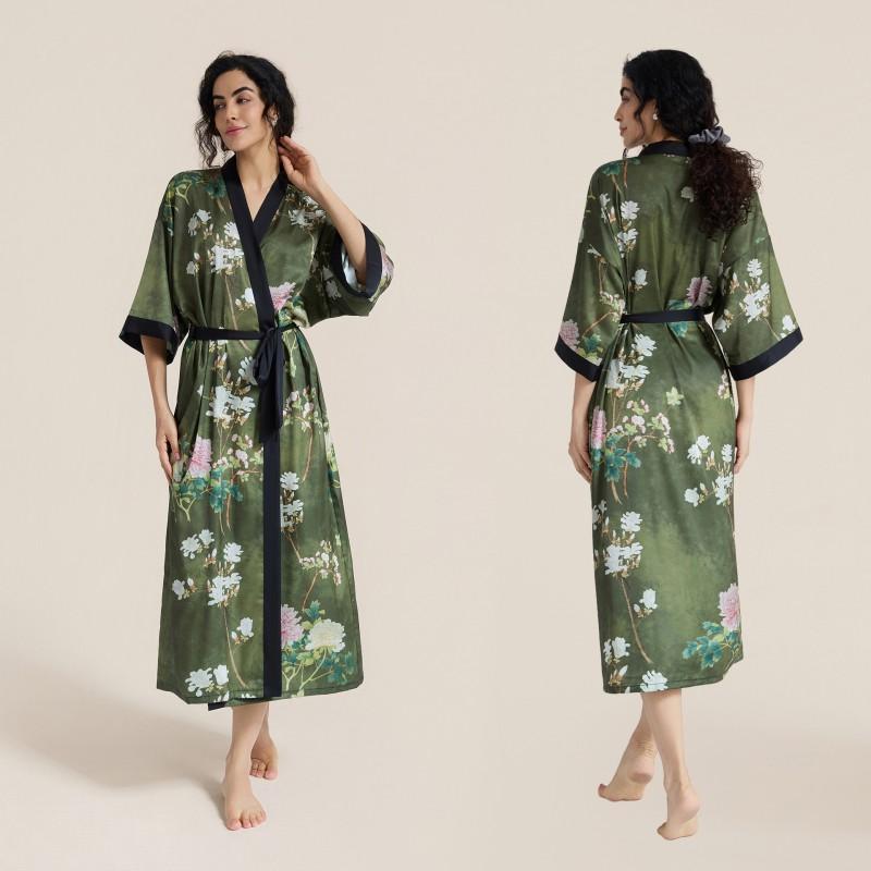 Satin Printed Robe Women Plus Size Lightweight Long Sleepwear Home