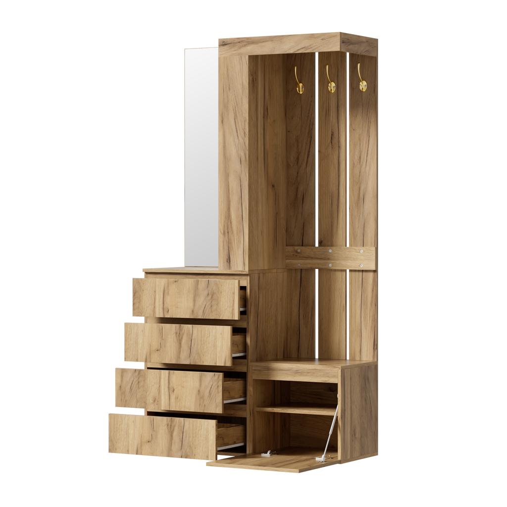 Wardrobe Set with Mirror, 4 Drawers & Hooks – Hallway Combination with 1 Door & Shelf Compartment, Lots of Storage Space, 100x35x180 cm
