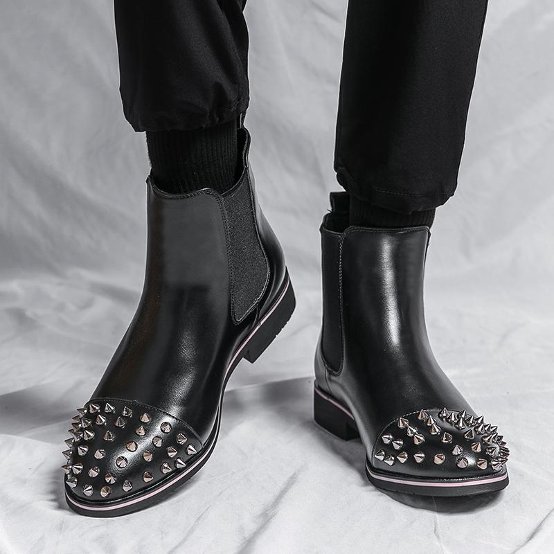 Мужские мотоциклетные ботинки Wingtip Dress Punk Leather Chelsea Boots Rivet Tuxedo Street Style Shoes Plus Size