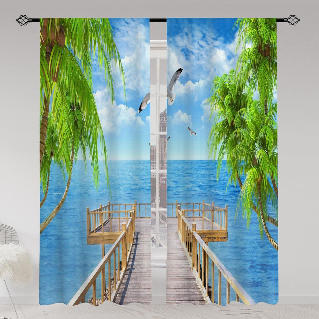 2pcs Landscape Seaside Coconut Tree Blue Sky White Cloud Printed Translucent Curtain Multi-scene Polyester Rod Pocket Decorative