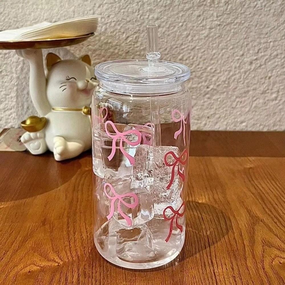 Transparent Clear Straw Cup With Lids Drinking Cup Sweet Bow Cup Student