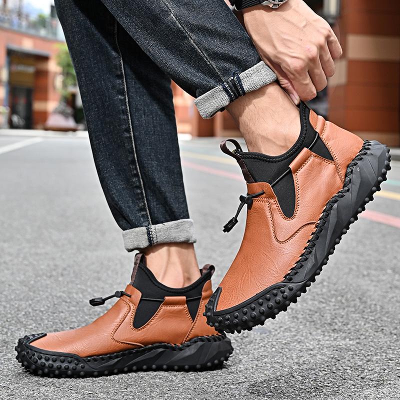 Fashion2024 New Arrival Men's Ankle Boots Mens Low Top Slip On Shoes Leather Fashion Walking Basic Boots Men All-match Mens Sneakers